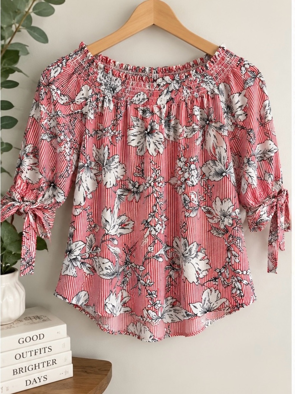 Red White Floral Striped Off Shoulder Blouse Tie Sleeves Size M